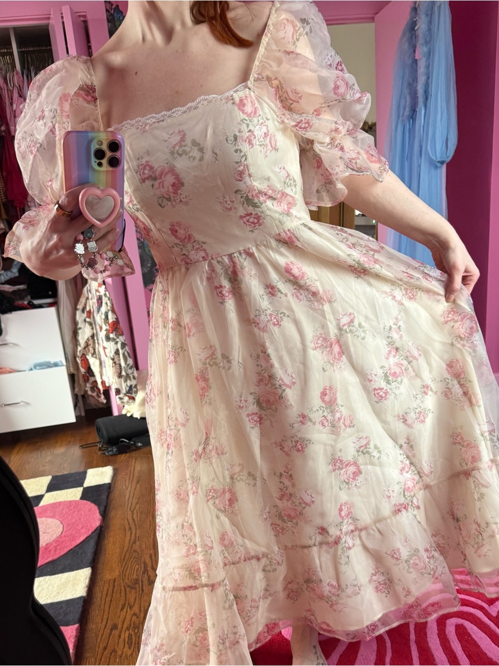NWT SHEIN Mod Cottagecore Pink Cream Floral Organza Puff Sleeve Midi Dress Sz L